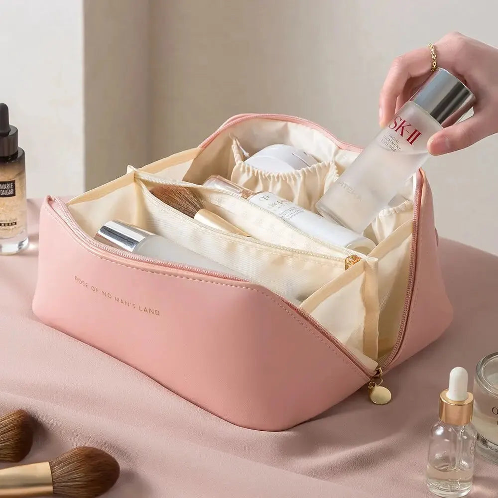 PU Leather Makeup Bag – Spacious Travel Cosmetic Organiser with Zipper Closure, Stylish & Durable