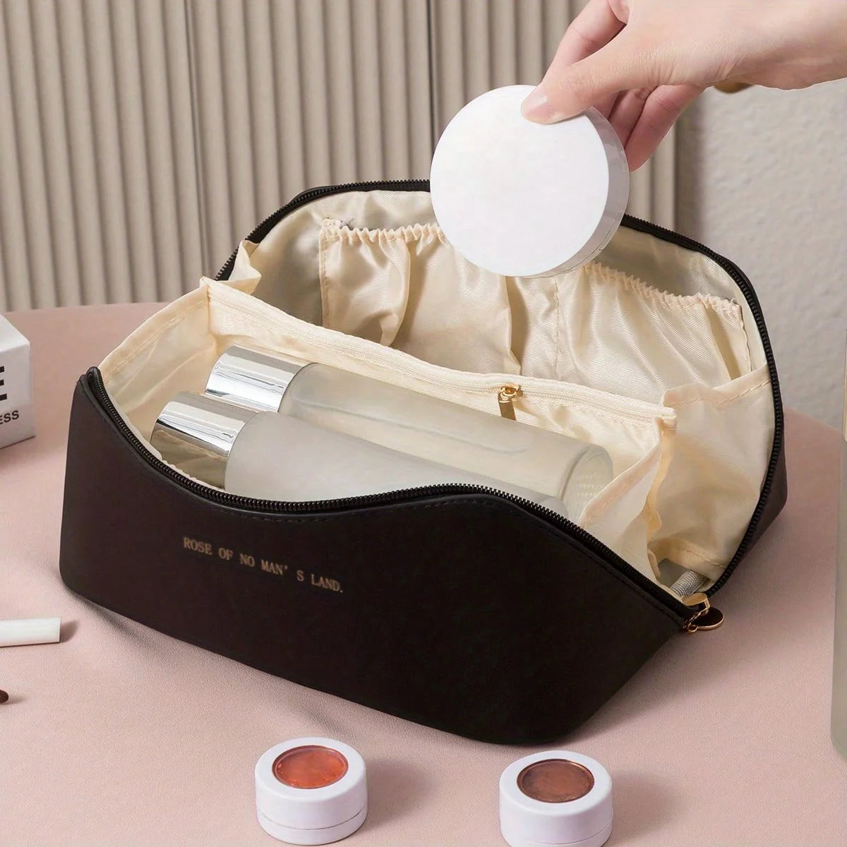 PU Leather Makeup Bag – Spacious Travel Cosmetic Organiser with Zipper Closure, Stylish & Durable