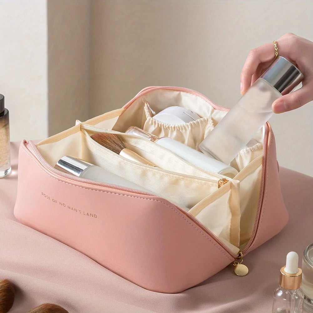 PU Leather Makeup Bag – Spacious Travel Cosmetic Organiser with Zipper Closure, Stylish & Durable