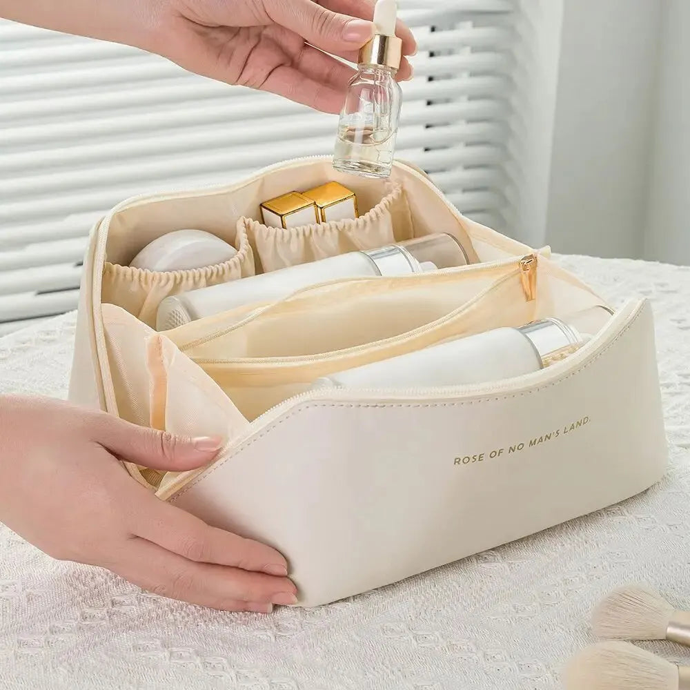 PU Leather Makeup Bag – Spacious Travel Cosmetic Organiser with Zipper Closure, Stylish & Durable