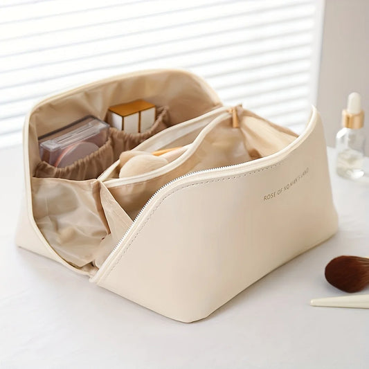 PU Leather Makeup Bag – Spacious Travel Cosmetic Organiser with Zipper Closure, Stylish & Durable