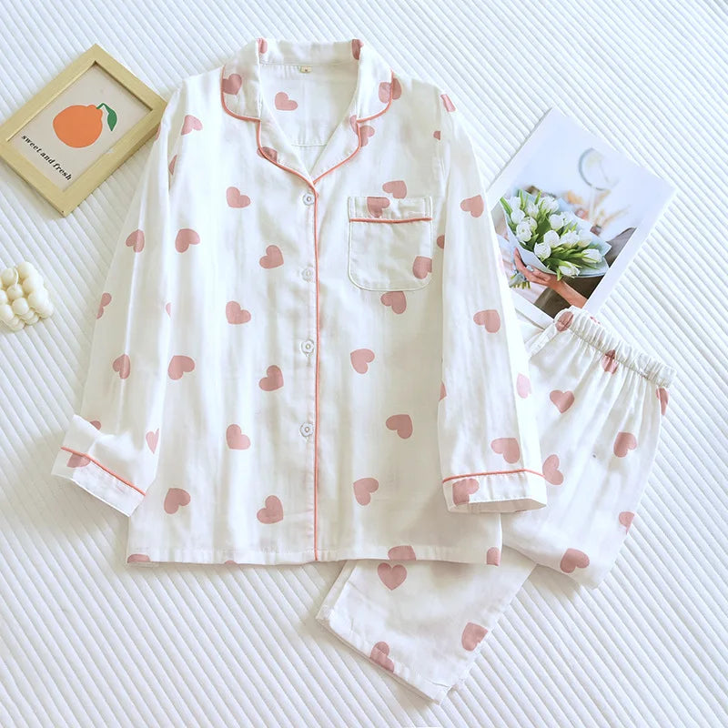 2026 New Spring and Autumn Pajama Set Women's 100% Cotton Long Sleeve Pants Two Piece Love Lovely Sweet Home Furnishing Set