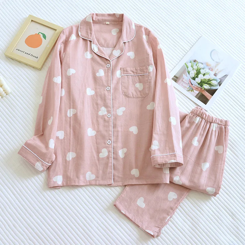 2026 New Spring and Autumn Pajama Set Women's 100% Cotton Long Sleeve Pants Two Piece Love Lovely Sweet Home Furnishing Set